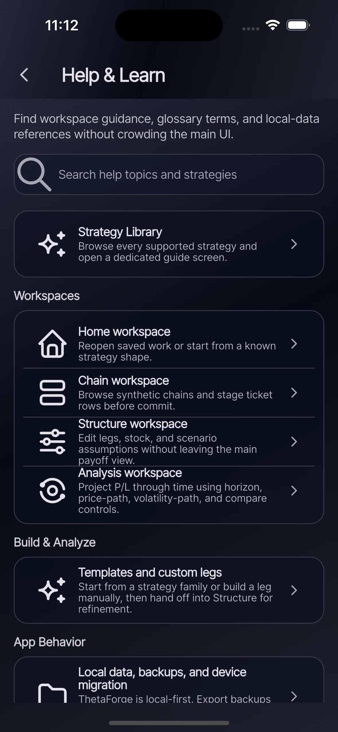 ThetaForge help and learn workspace listing strategy library and workspace guides.