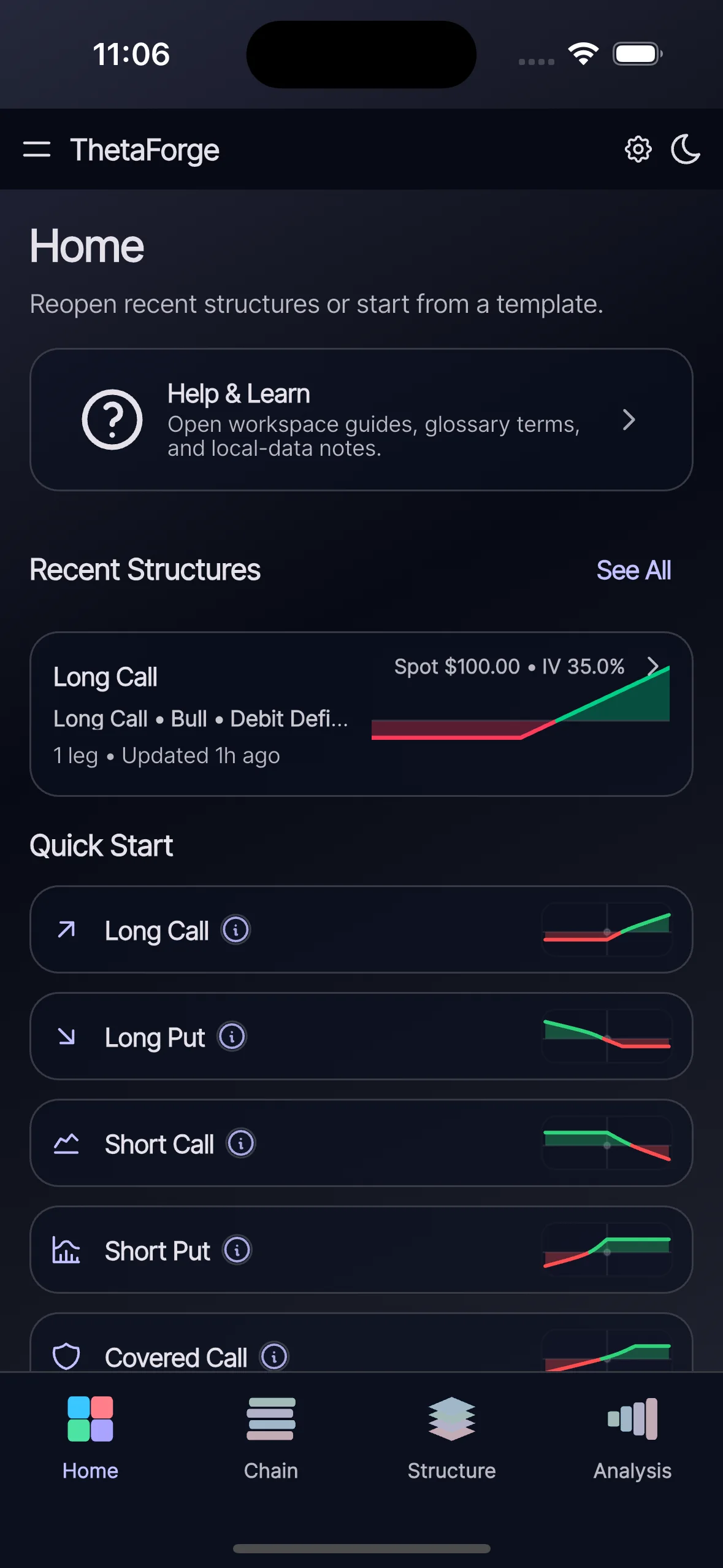 ThetaForge home workspace showing saved structures, quick start cards, and app navigation.